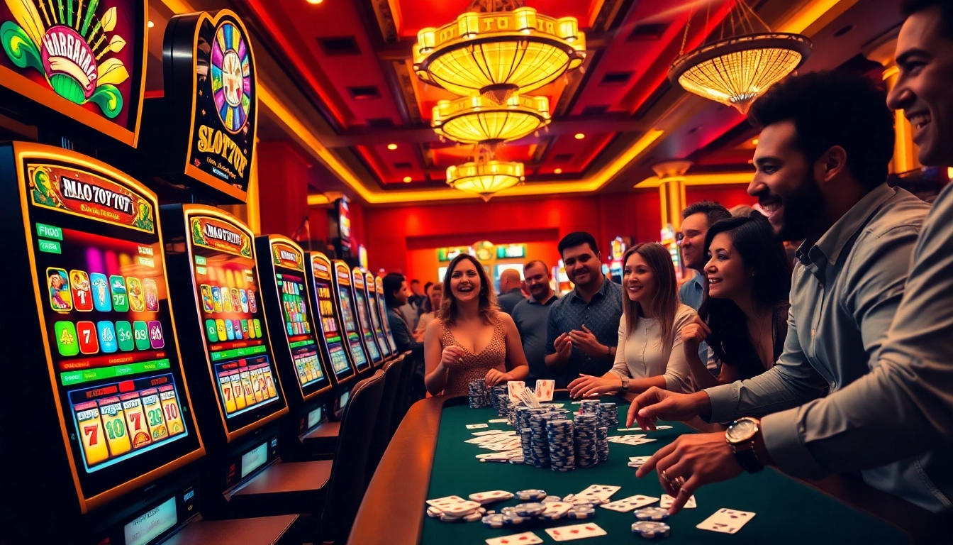 Engaging players at slot777 machines in a vibrant casino atmosphere with colorful graphics.
