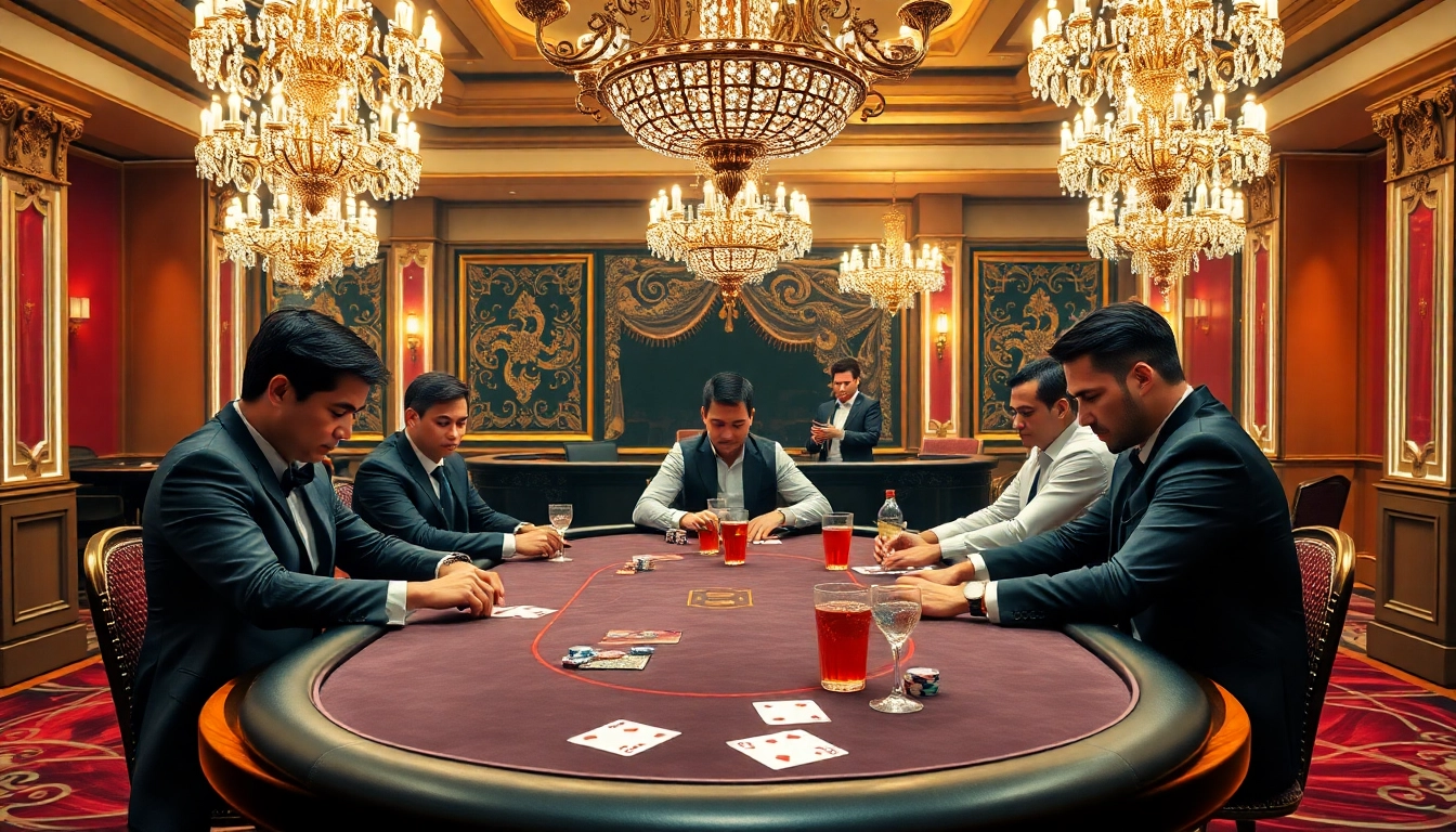 Engaging scene of poker players at a luxurious table, highlighting the excitement of gambling at https://rr88.auction/.