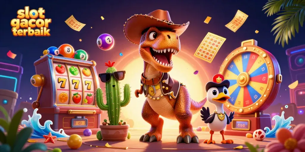 Permainan slot gacor terbaik menampilkan dinosaurus cowboy dan karakter kaktus yang menjadikan suasana kasino lebih meriah.