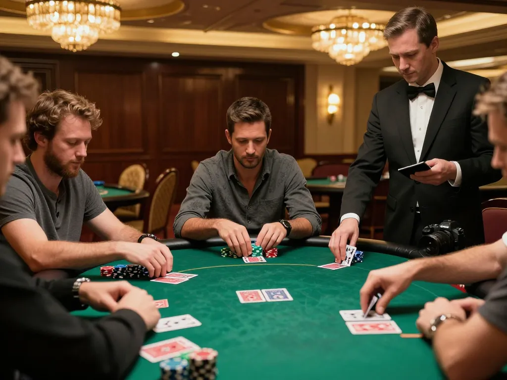 Players strategizing in a viral88 poker game at an upscale casino with ambient lighting.