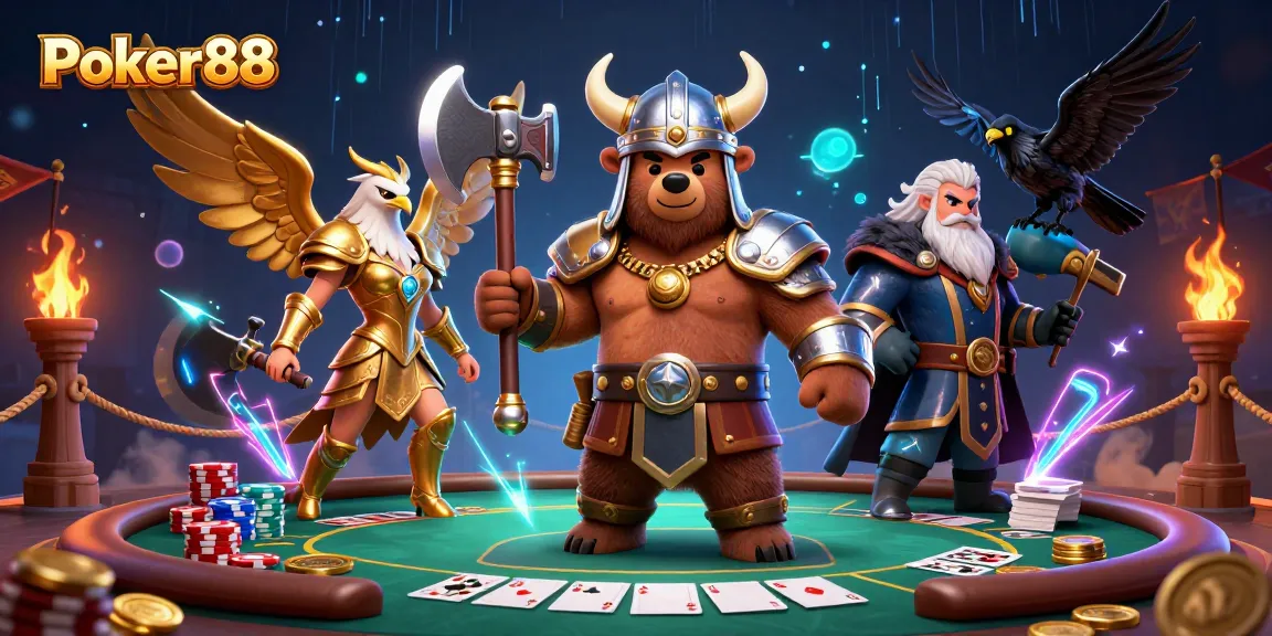Experience thrilling poker action at Poker88 with a dynamic scene featuring a Viking berserker and fierce eagle.