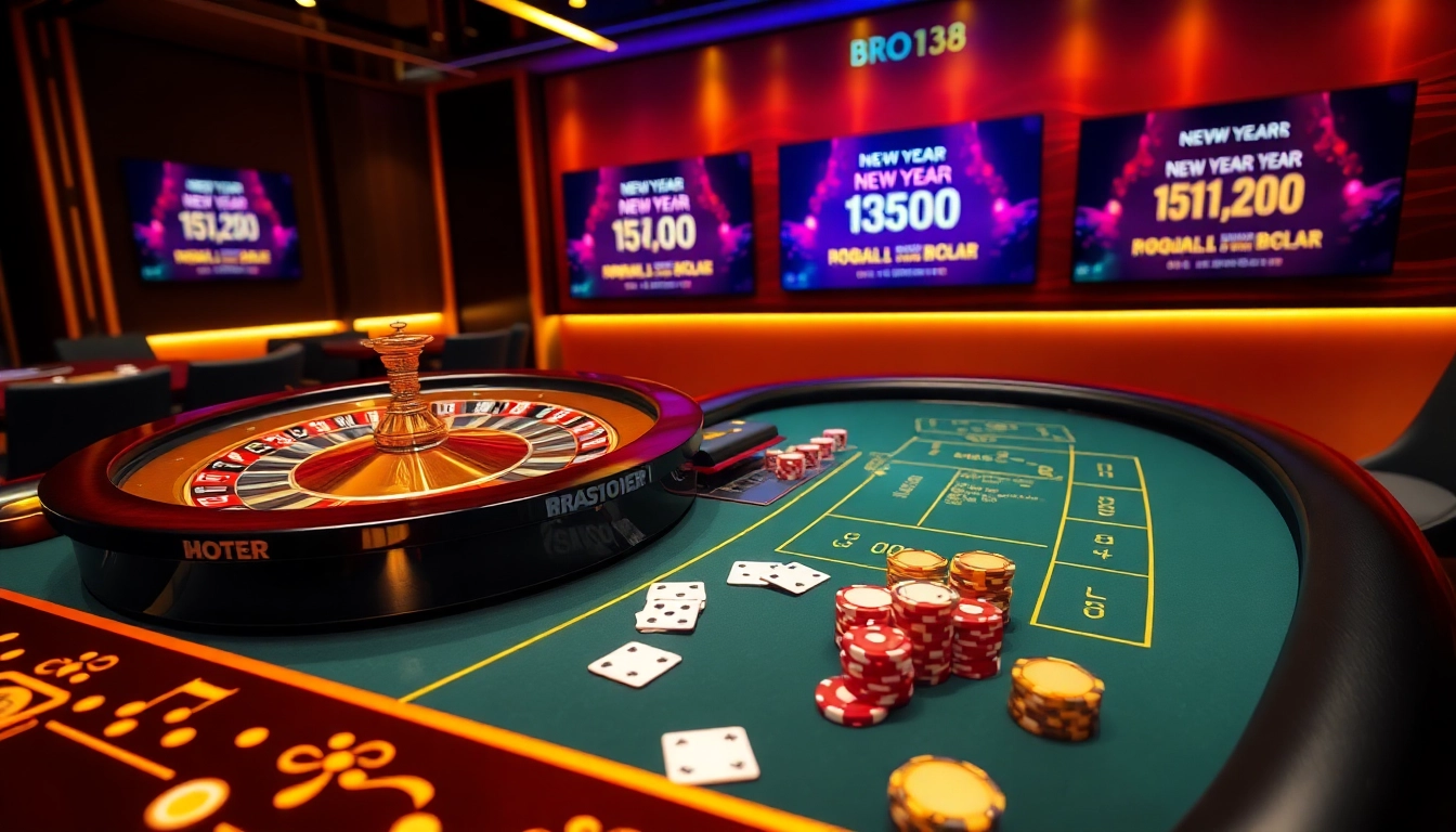 BRO138 online gaming interface showcasing a luxurious casino vibe with poker chips and roulette wheel.