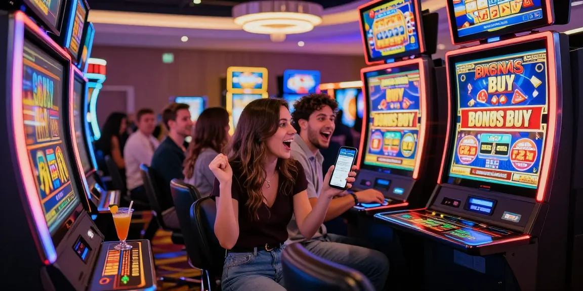A group of excited players at https://chagency.co.uk engaging with vibrant Bonus Buy slots at a modern casino, highlighting the thrilling gaming experience.