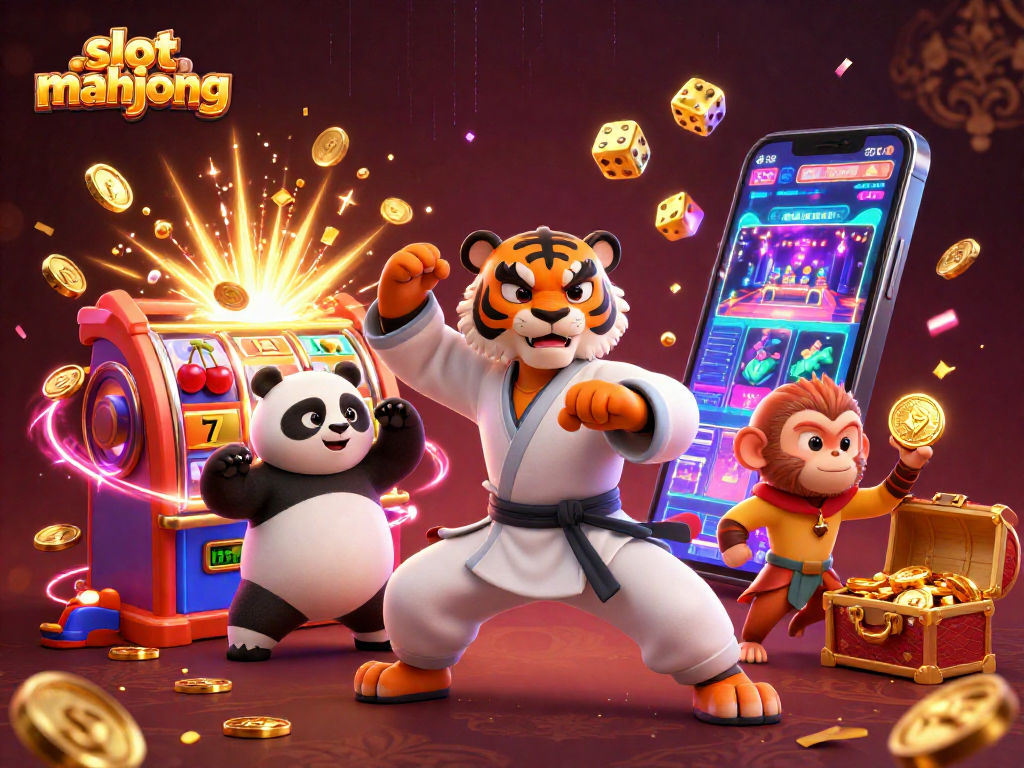 Engage with slot mahjong as animated characters celebrate a jackpot win in a vibrant casino scene.