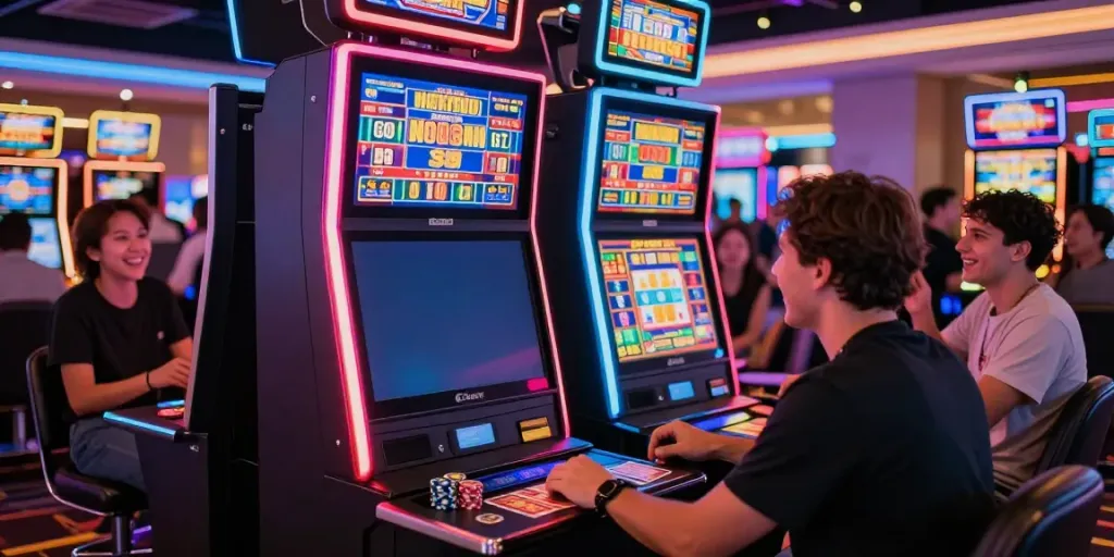 Exciting Lucky777 casino gaming scene with players at slot machines