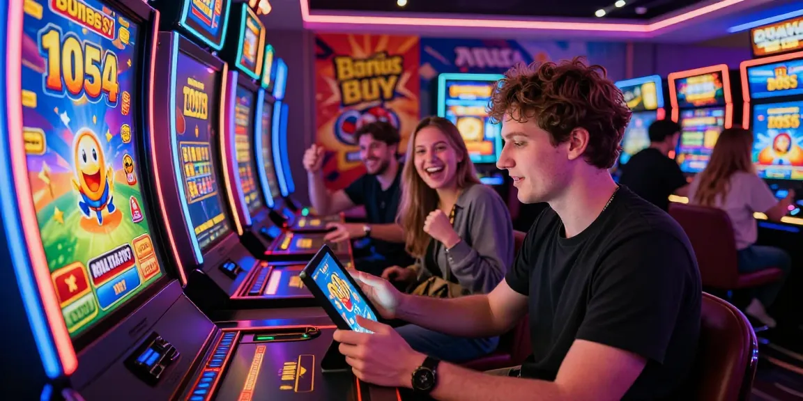 Exciting bonus buy slots UK gaming scene with diverse players enjoying colorful digital slot machines and interactive elements.