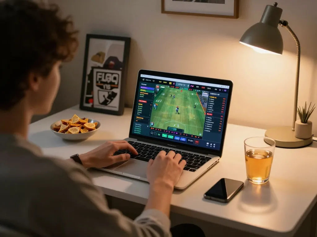 Engaging in online sports betting at home, showcasing smartcityhostels laptop with live game stats
