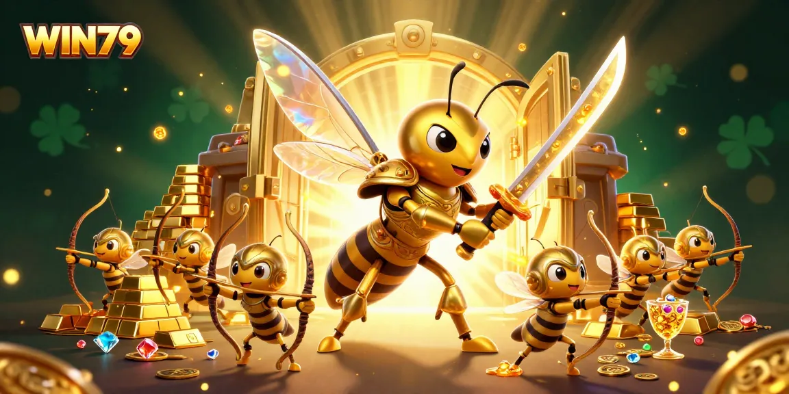 WIN79 promotions light up with a giant hornet samurai and bee archers amidst treasure.