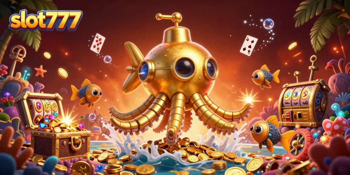 Experience slot777's thrilling gameplay with a golden kraken and vibrant slot elements bursting with excitement.