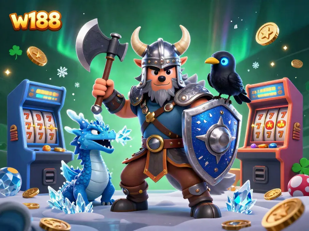 Experience thrilling gaming at w188 with a Viking warrior, dragon, and arcade elements in an immersive casino setting.