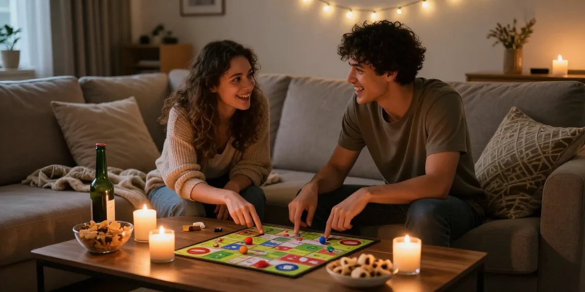 Couple enjoying sex games during a cozy game night in a romantic living room setting.