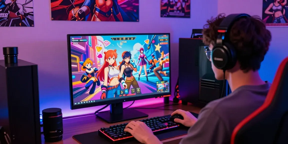 Engaged gamer exploring hentai games on a vibrant computer setup.