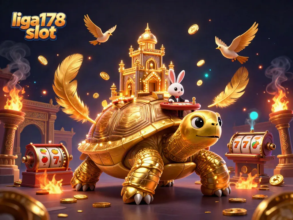 Menggambarkan liga178 slot dengan kura-kura emas raksasa dan dealer kelinci di kasino mini, dikelilingi koin emas.