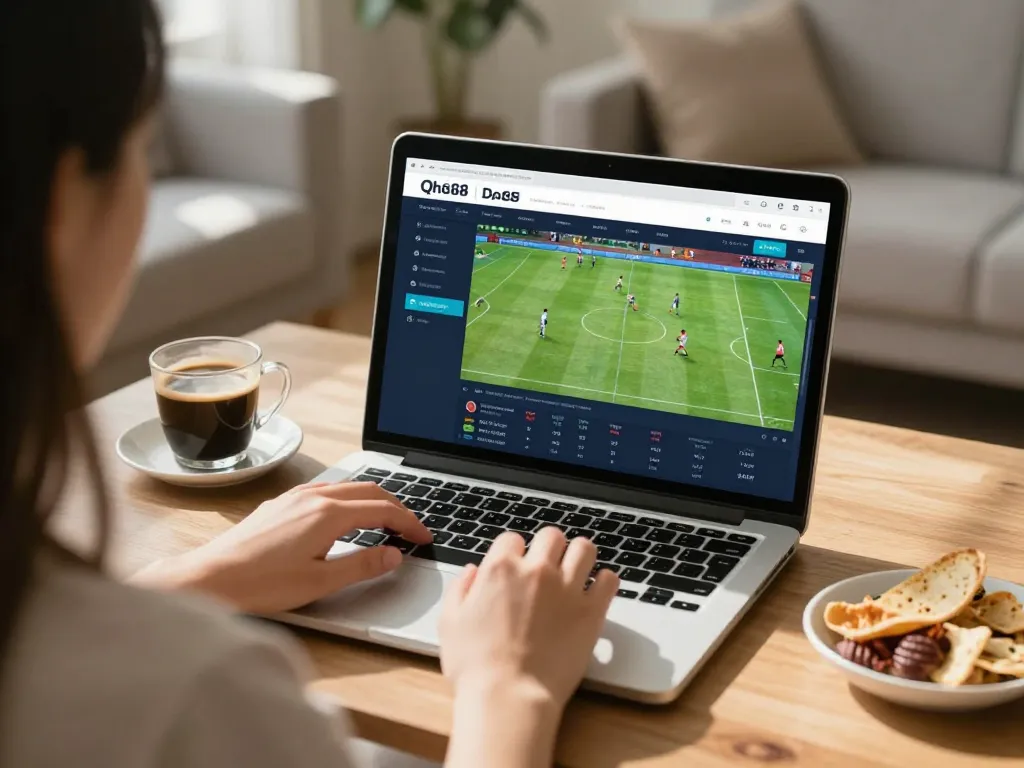 Player using Qh88 đăng nhập for online sports betting in a cozy living room.