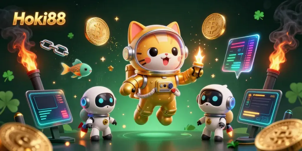 Menggandakan pengalaman bermain Hoki88 dengan ilustrasi karakter lucu di ruang angkasa dan elemen kripto.