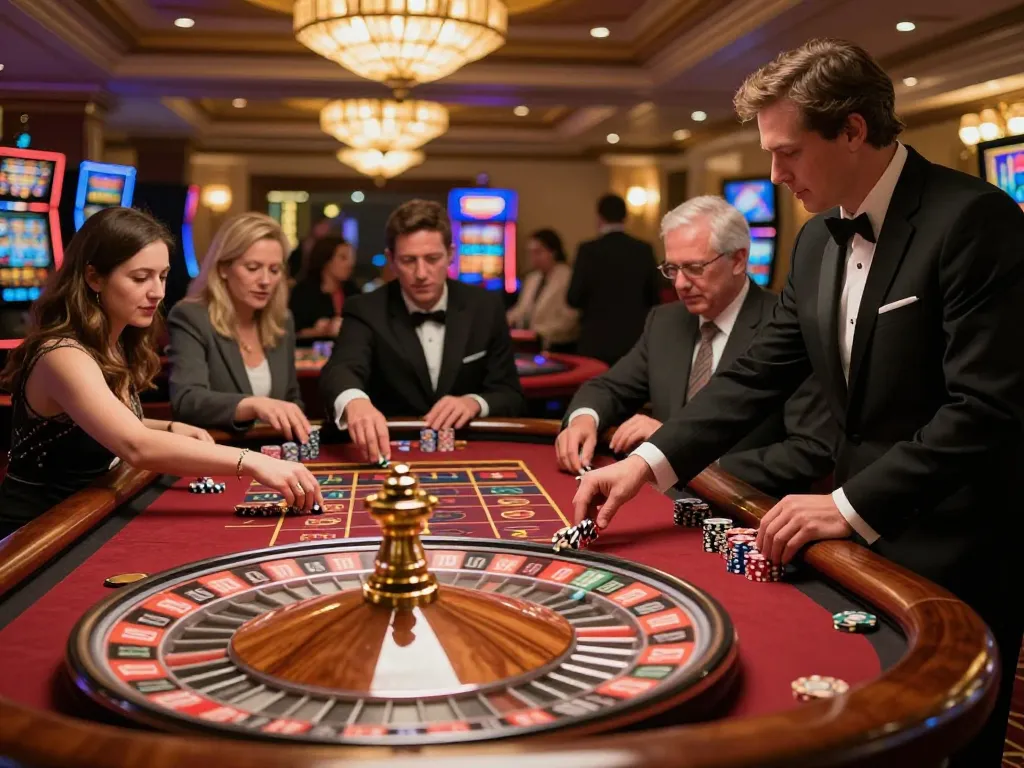 Experience thrilling roulette gameplay at CasinoAtlas, showcasing players focused on the spinning wheel.