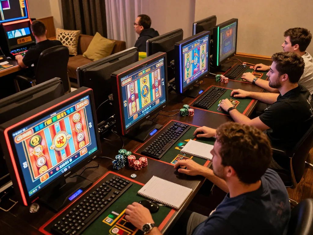 Players enjoying slot gacor on multiple devices in a cozy home setting, showcasing vibrant graphics and engagement.