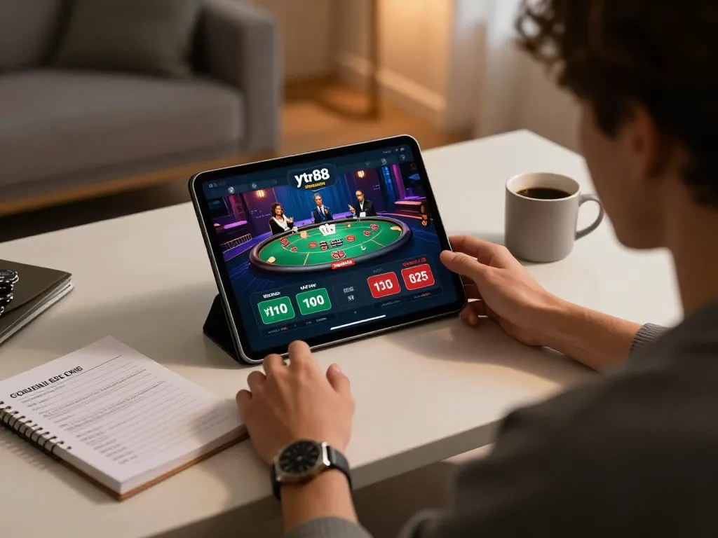 Engaging ytr88 online casino gameplay on tablet in a cozy home setting.