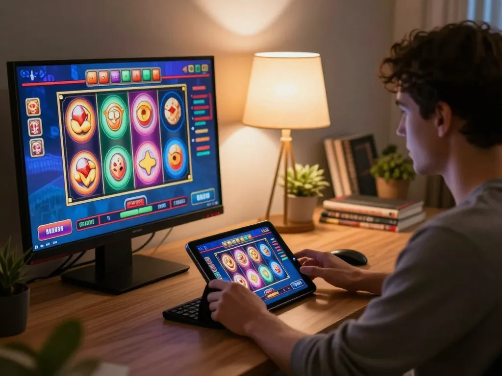 Engaged player enjoying slots at J188 online casino on a tablet, showcasing immersive gaming.
