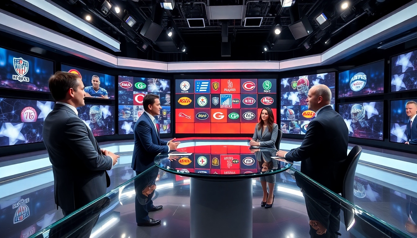 Engaging scene of Sports Broadcasting studio with presenters and vibrant graphics.
