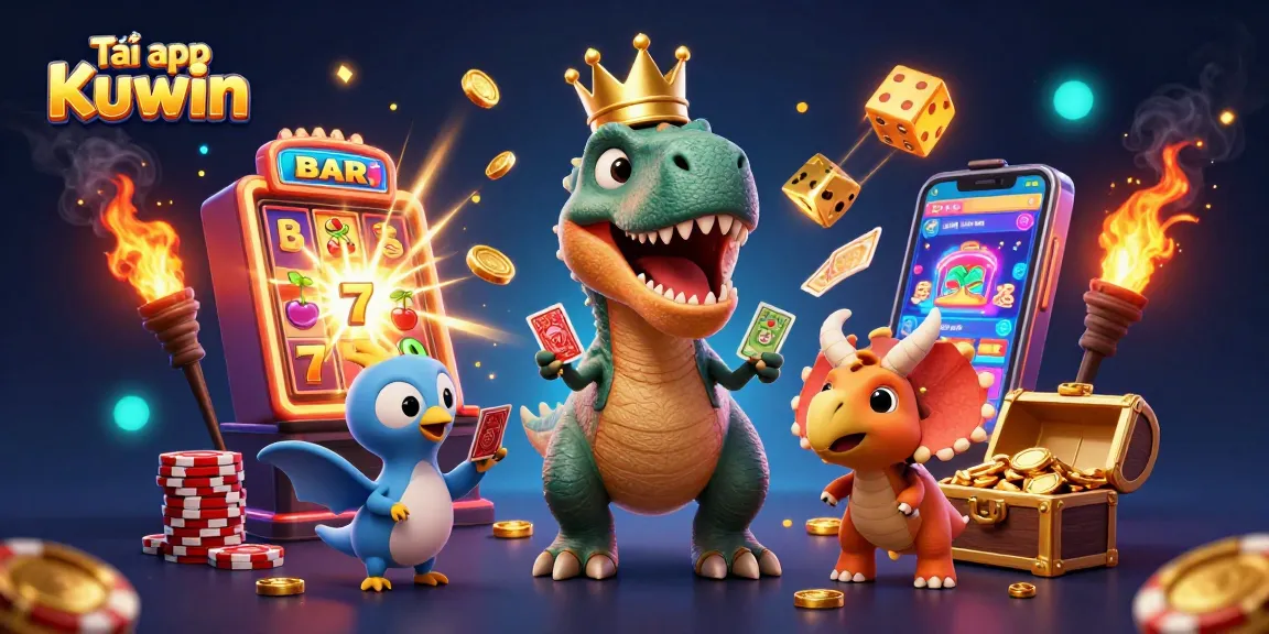 Tải app Kuwin to enjoy exciting casino experiences with a 3D T-Rex and vibrant gaming elements.