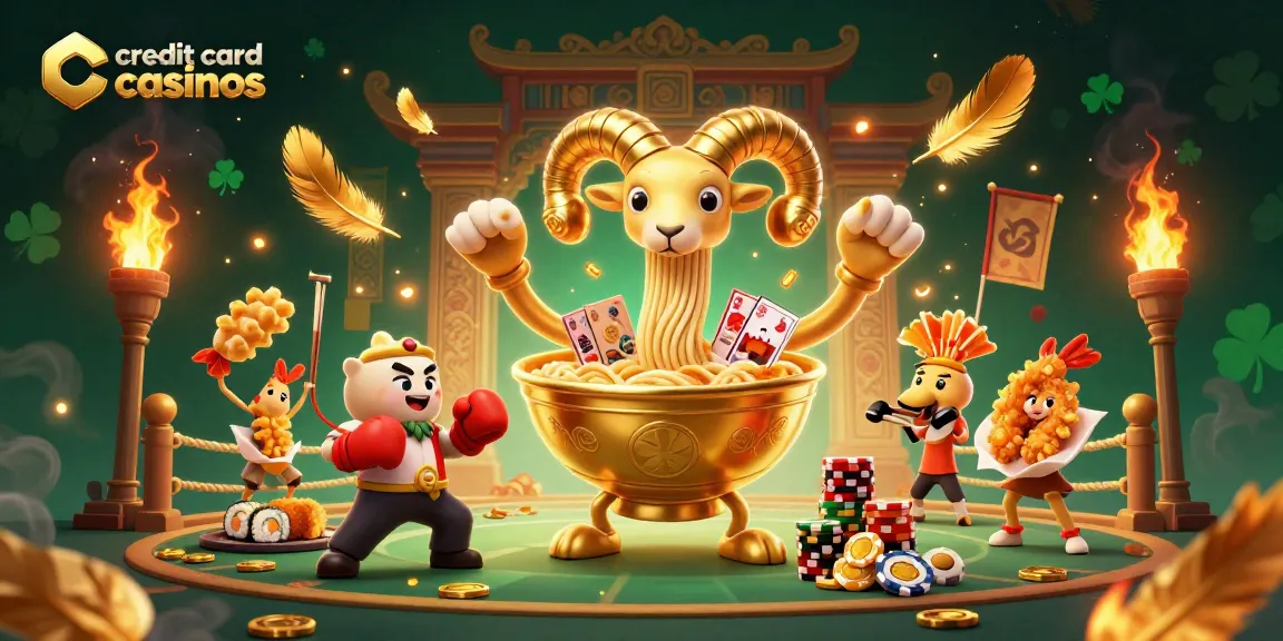 Engaging scene showcasing credit card casinos with a golden ramen bowl dealing cards amidst animated players.