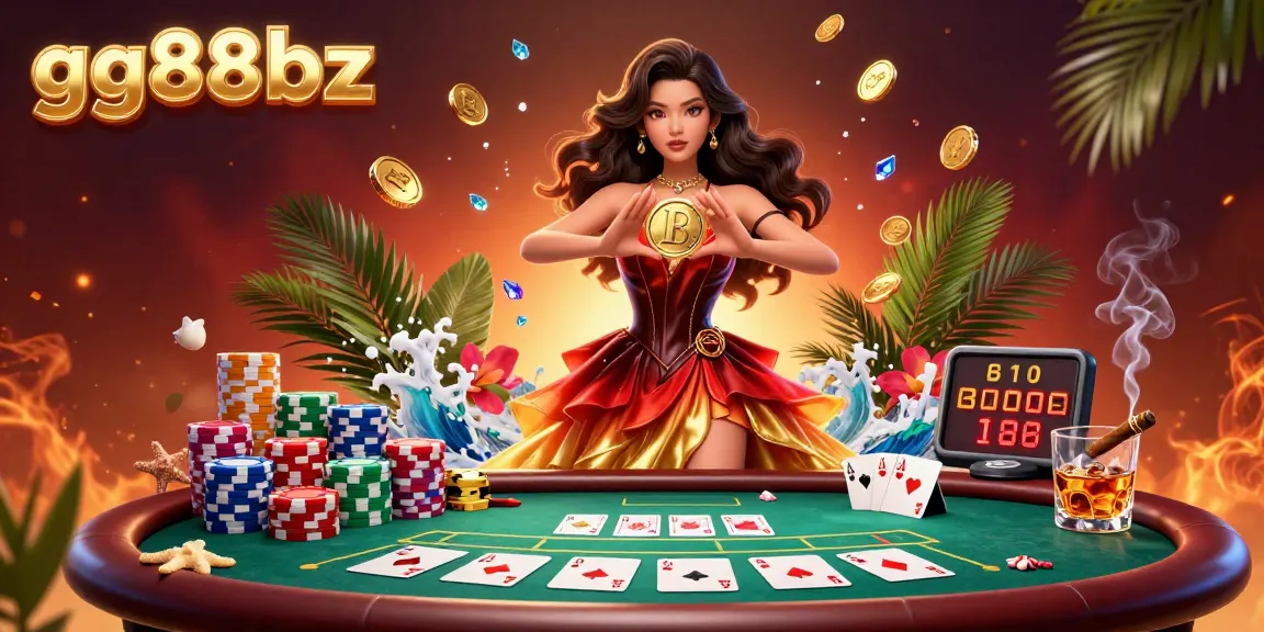 Experience high-stakes poker action at gg88bz with a stunning woman holding a golden coin in a vibrant casino scene.