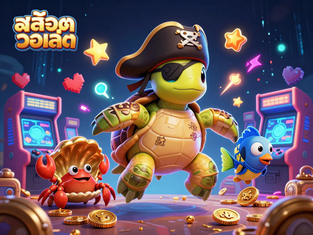 Experience สล็อตวอเลท with treasure-hunting turtles, game machines, and vibrant casino elements.