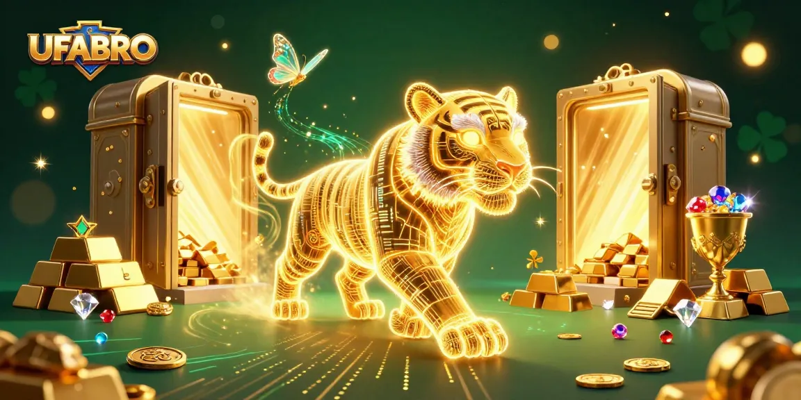 Unleash your winnings on UFABRO with a 3D neon golden tiger in a vibrant casino atmosphere.