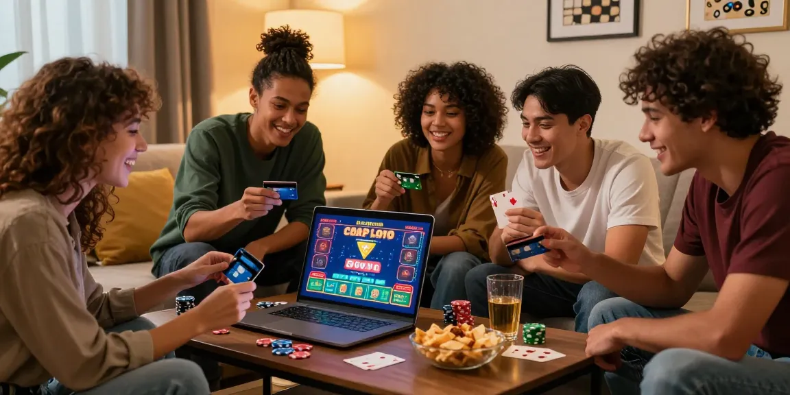 Friends enjoying a credit card casino experience together at https://crownwoods.org.uk, surrounded by gaming graphics and a warm atmosphere.