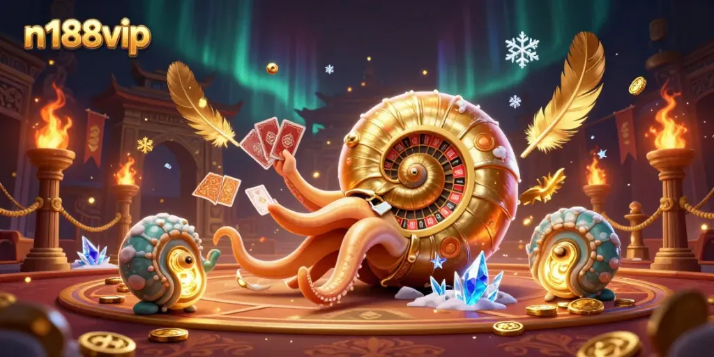 Play exciting games at n188vip with a dynamic scene of an ancient nautilus roulette and glowing ammonite companions.