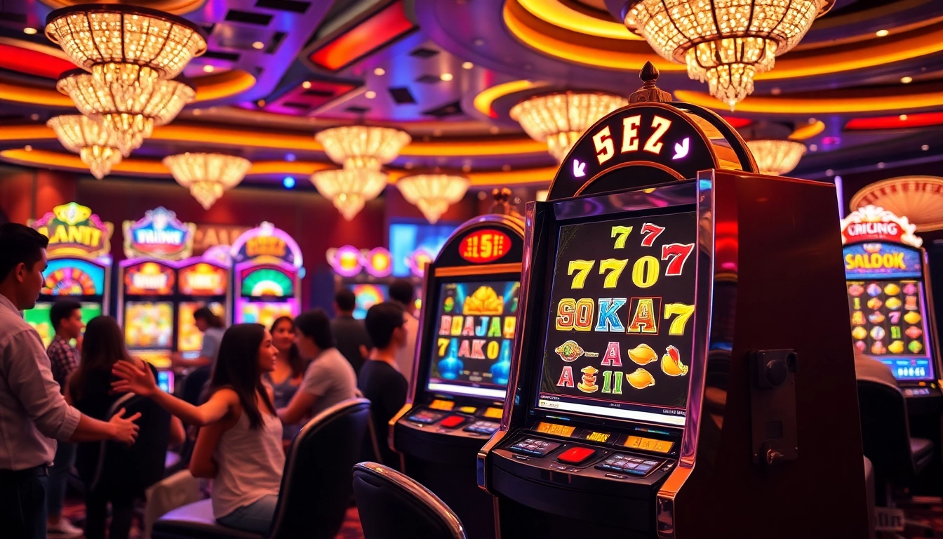 Excited players at slot gacor machines celebrating wins in a vibrant casino.
