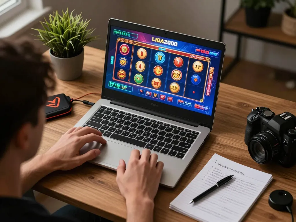 LIGA2000 slot games displayed on a laptop during an online gaming session, emphasizing strategic engagement.