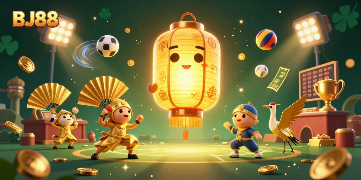 Bet on BJ88's vibrant night market casino scene filled with animated sports elements and lucky symbols.