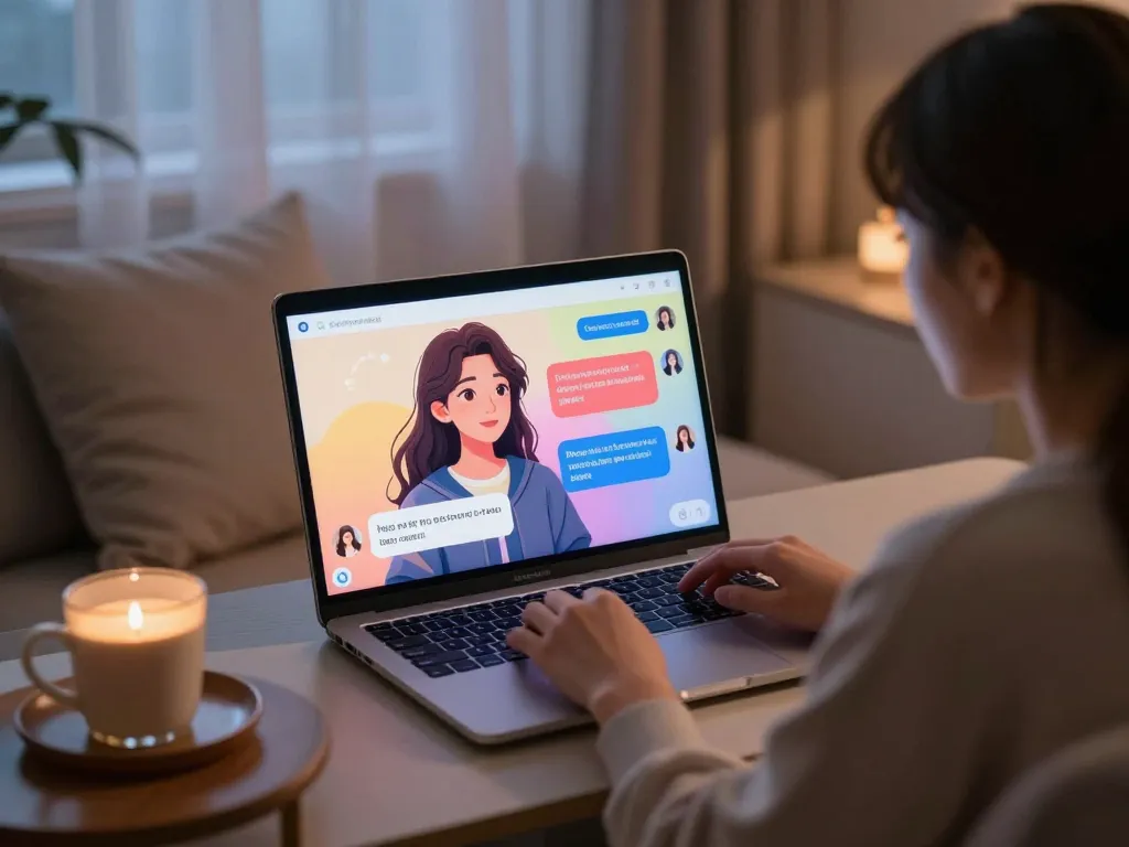 Engaging nsfw chat interaction with AI character on a modern laptop in a cozy setting.