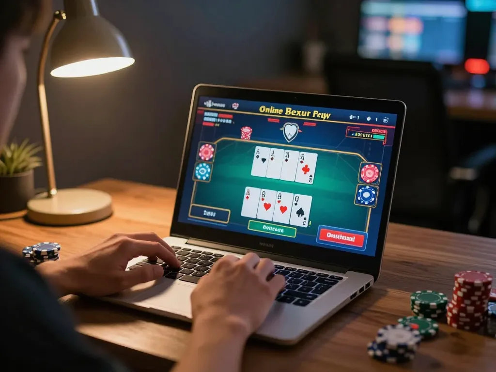 88aa đăng nhập on a laptop displaying a poker game interface in a cozy gaming setup.