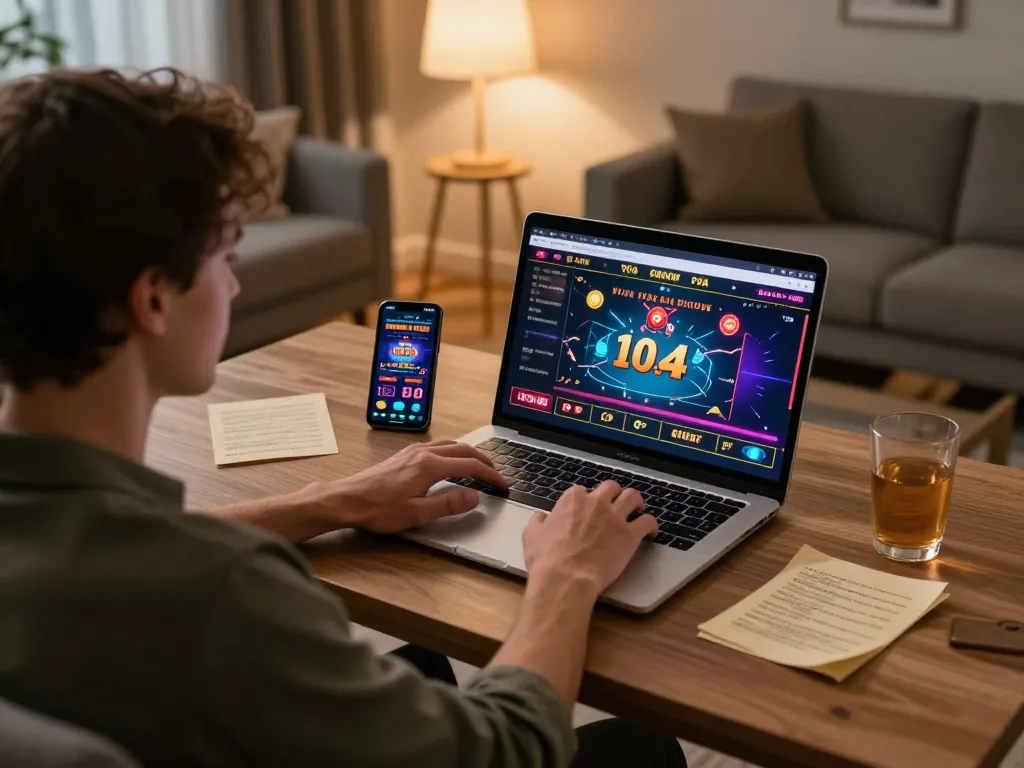 Player engaging with online casino เข้าสู่ระบบ on laptop in a cozy home setting, emphasizing responsible gaming.