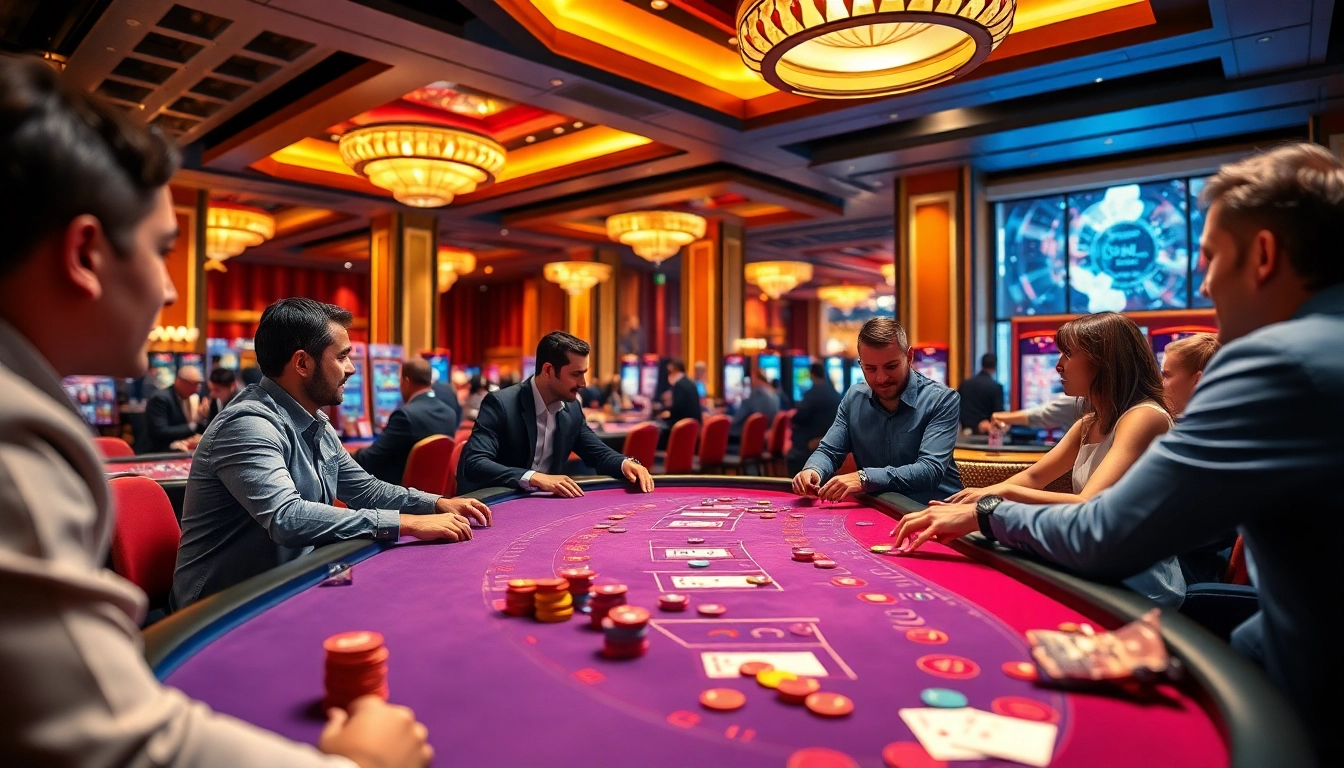 Erlebe casinospielen in einem lebendigen Casino mit Spielern und bunten Chips auf dem Tisch.