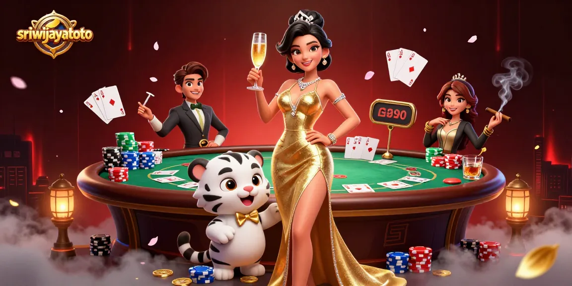 Sriwijayatoto theme featuring glamorous woman and lucky white tiger at a vibrant poker table