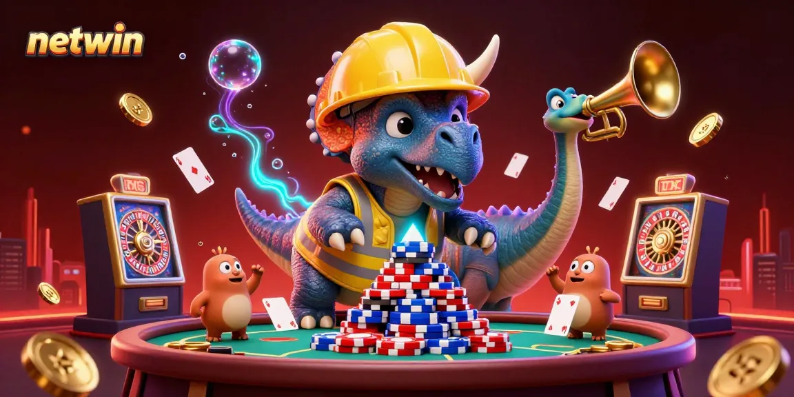 Join the fun at netwin as a triceratops builds poker chips amid a vibrant casino scene, celebrating your winning strategy!
