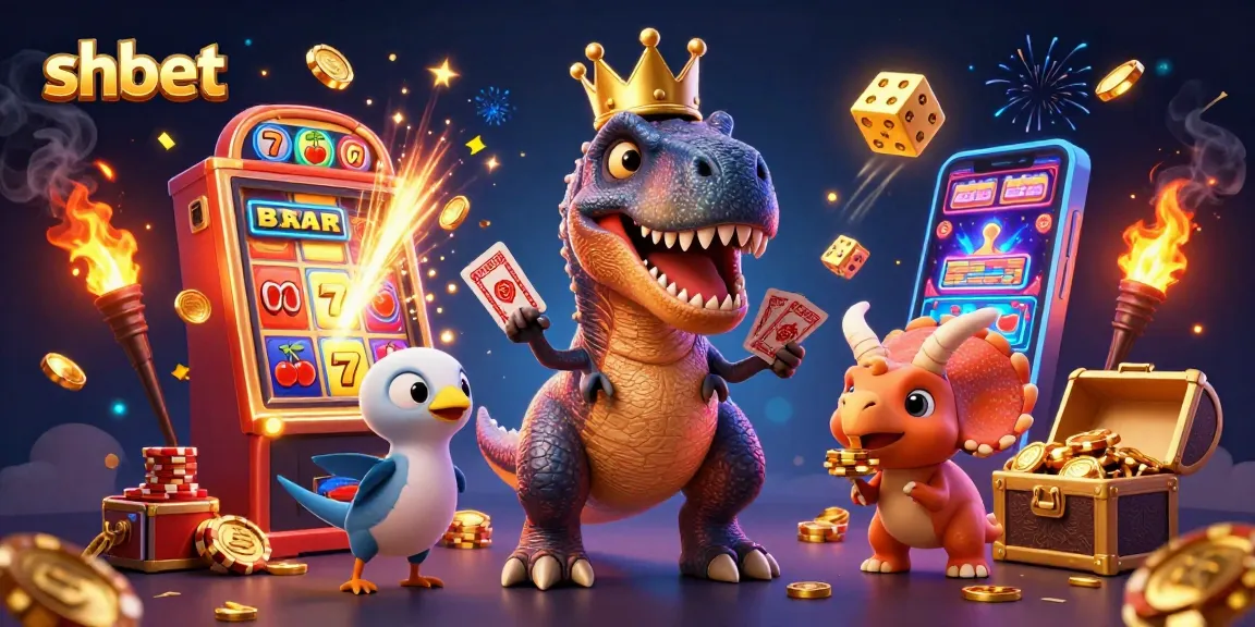Spin and win at shbet with a jovial T-Rex card player and exciting slot machine scene.