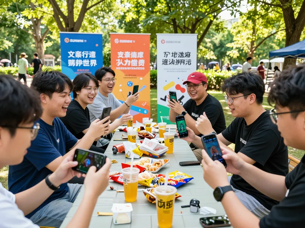 Excited gamers enjoying link vào sunwin at a lively outdoor event with friends.