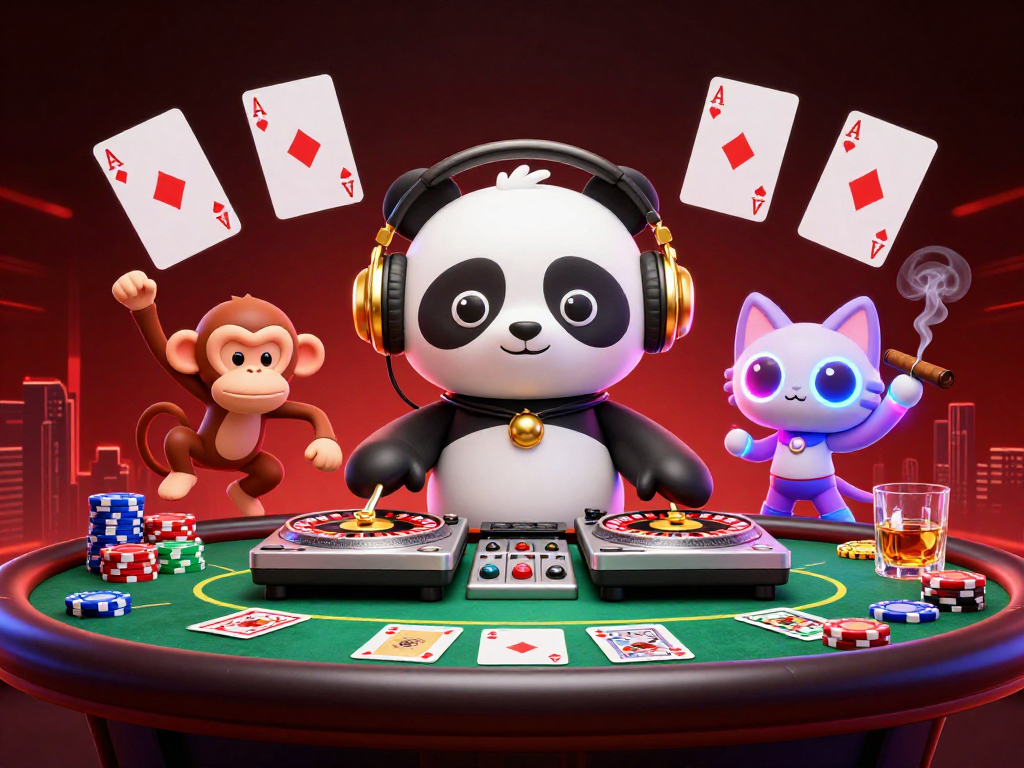 Dewatogel menghadirkan suasana kasino dengan DJ panda 3D, monyet dance, dan kucing neon dalam perayaan permainan kartu.