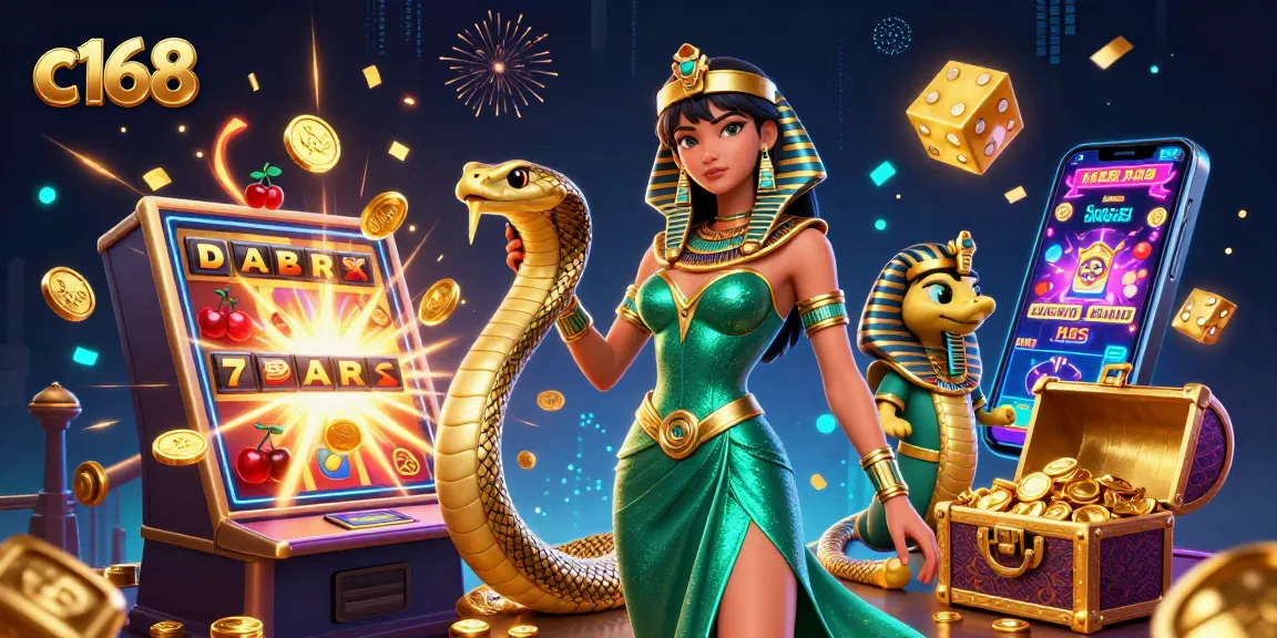 Experience thrilling gameplay at c168 with an alluring woman in emerald gown and golden cobra amidst slot machine jackpots.