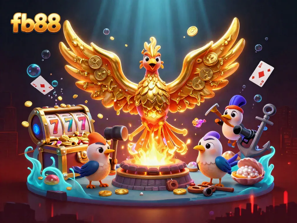 Bet on fb88 with a golden phoenix emerging from a treasure-laden underwater scene.