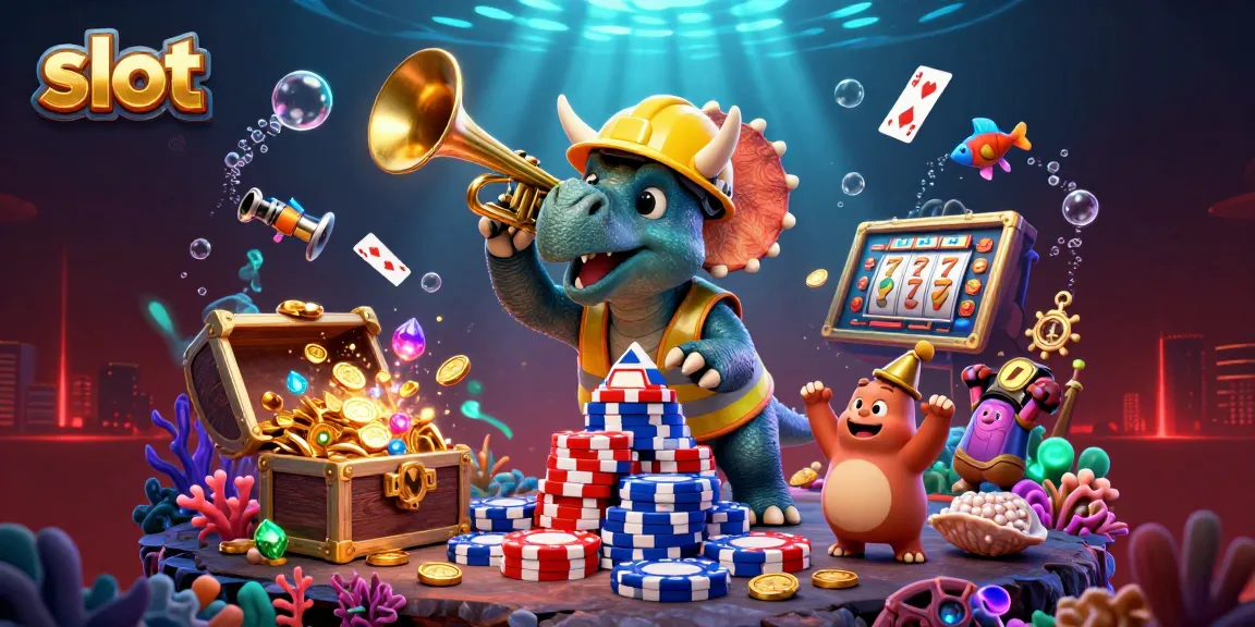 Slot gacor menyenangkan dengan triceratops membangun tumpukan chip poker dan parasaurolophus merayakan kemenangan.