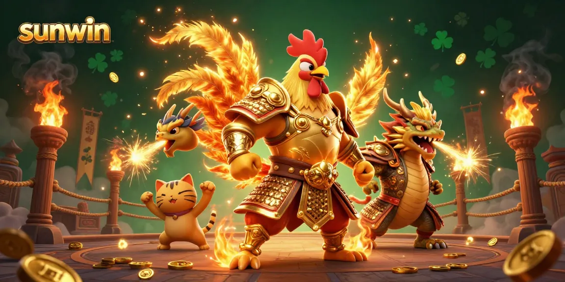 Experience thrilling play at sunwin with a roaring rooster warrior and dragon amidst glowing gold coins.