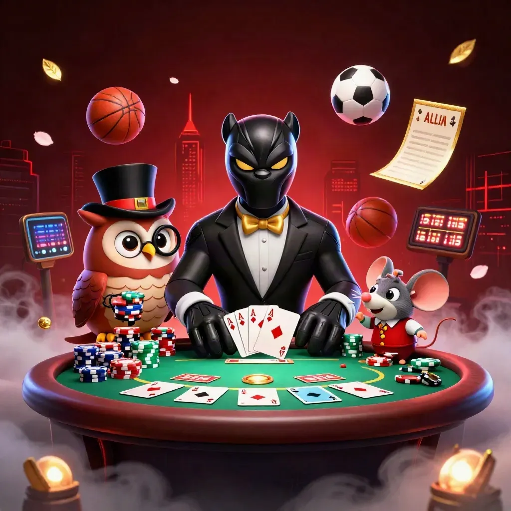 Panther, owl, and mouse in a neon casino scene with chips, cards, and sports betting props.