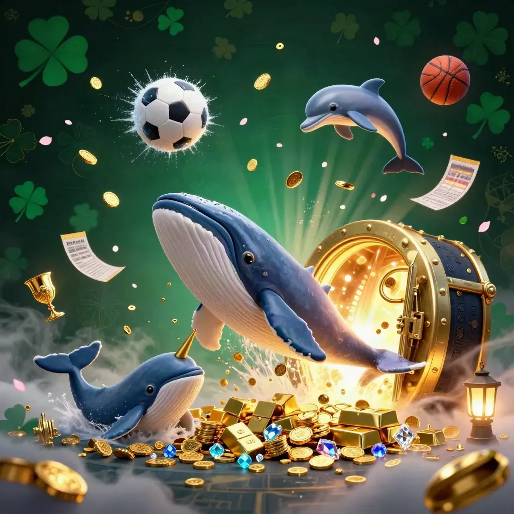 Whale, narwhal, and dolphins burst through coins with treasure, gems, and sports props.