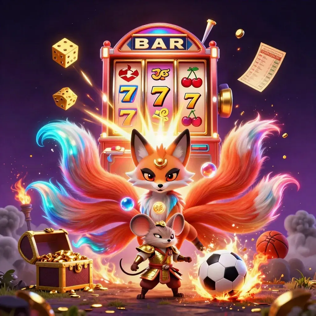 Neon fox spirit, armored mouse, soccer ball, slot burst, gold and cyan casino fantasy